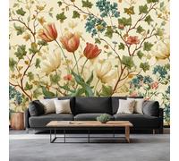 Vintage Charming Floral Leaves Photo Wallpaper, Non-Woven Print Fleece Light Yellow Wall Mural - 138 x 101 inch (W x H) Mural Wallpaper Poster Picture Design for Living Room Bedroom Kitchen