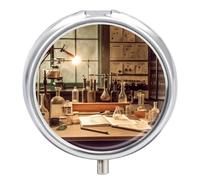 Vintage Chemistry Lab Pill Box Cute Round Pill Box 3 Compartment Decorative Pocket Purse Portable Mini Travel Medicine Tablet Vitamin Fish Oil Holder Organizer Pill Case