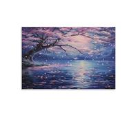 Vintage Cherry Blossoms Canvas Wall Art, Watercolor Floral Lake Landscape Painting Print on Textured Canvas, Wall Poster Artwork for Living Room Bedroom Office Decor Unframe 16x24inch(40x60cm)