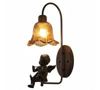 Vintage Cherub Wall Sconce, Antique Bronze Finish Figurative Wall Lamp with Amber Ruffled Hardwired 1-Light LED Fixture for Bedroom, Living Room, Hallway, Foyer Decorative Aent Lighting