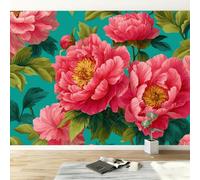 Vintage Chic Plants Flowers Peony Modern Panoramic Wall Mural, Pink Green High-Resolution Non-Woven Wallpaper 200W x 140H cm - Oversized 3D Visual Art Poster for Kids Room, Bedroom & Corridor