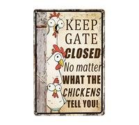 Vintage Chicken Sign Rooster Metal Aluminum Wall Decor Keep Gate Closed No Matter What the Chickens Tell You Poster Gift for Home Bedroom Bar Restaurant Cafe Club 8x12 Inch