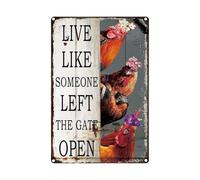 Vintage Chicken Wall Sign - 8x12” Farmhouse Rooster Decor with “LIVE LIKE SOMEONE LEFT THE GATE OPEN” Quote - Rustic Waterproof Metal Plaque for Kitchen, Porch, Coop, Chicken Mom Gift-A