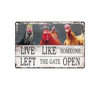 Vintage Chicken Wall Sign - 8x12” Farmhouse Rooster Decor with “LIVE LIKE SOMEONE LEFT THE GATE OPEN” Quote - Rustic Waterproof Metal Plaque for Kitchen, Porch, Coop, Chicken Mom Gift
