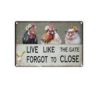 Vintage Chicken Wall Sign - 8x12” Farmhouse Rooster Decor with “LIVE LIKE THE GATE FORGOT TO CLOSE” Quote - Rustic Waterproof Metal Plaque for Kitchen, Porch, Coop, Chicken Mom Gift-B