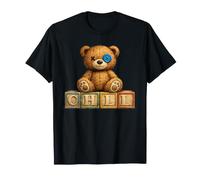 Vintage CHILL Teddy Bear Blue Button Eye on Rustic Alphabet T-Shirt