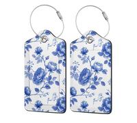 Vintage China Blue Rose Pattern Minimal Luggage Tag for Suitcase 2 Pack Leather Luggage Tag with Privacy Flap Name Id Label and Metal Loop for Women Men Travel