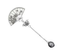 Vintage Chinese Fan Brooch Pin with Tassel for Women Alloy Silver