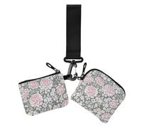 Vintage Chinese Floral Peony Grey Peach Women's Coin Wallet Card Holder Small Portable ID Card Holders Protector with Wristlet Strap for Ladies 2 Pcs, vintage Chinese floral peony grey peach, One Size