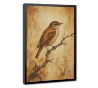 Vintage Chinese Ink Sparrow on Branch Canvas Wall Art Poster, Traditional Oriental Zen Bird Painting, Antique Botanical Art for Tea Room Study Home Decor Black Frame 08x12in