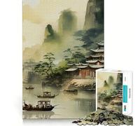 Vintage Chinese Landscape 1000 Piece Jigsaw Puzzles Mind Challenge Toy High Precision Die Cut Amusing Challenge for Waiting Time (38x26cm)