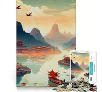 Vintage Chinese Landscape Jigsaw 1000 Pieces Memory Skill Fun Smooth Edge Perfect Interlock Fun-filled Way to Fill Empty Hours (38x52cm)