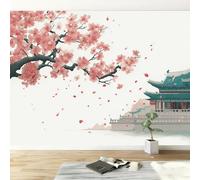 Vintage Chinese Style Architecture Flowers Modern Panoramic Wall Mural, White High-Resolution Non-Woven Wallpaper 300W x 210H cm - Oversized 3D Visual Art Poster for Kids Room, Bedroom & Corridor