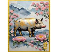 VINTAGE CHINESE ZODIAC SIGN-Pig Boar Sow Cow Swine- COMPOSITION NOTEBOOK (7.5x9.25 Wide Rule)-Diary Journal Sketch Book Asian Art Lover GIFT: ֍ BACK ... - Year of the Animal - Black Pink Gold)
