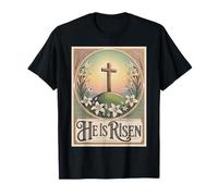 Vintage Christian Easter Lilly Cross He is Risen Art Nouveau T-Shirt