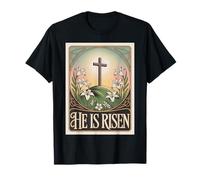 Vintage Christian Easter Lilly Cross He is Risen Art Nouveau T-Shirt