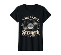 Vintage Christian Scripture Vinyl Record Nehemiah 8:10 Joy Value Graphic T-Shirt, Women, Black, S