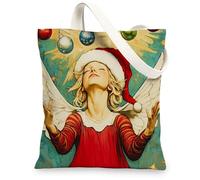 Vintage Christmas Angel Canvas Tote Bag for Shopping 13x15, Aesthetic Retro Xmas Balls Reusable Grocery Print Bag for Women, Holiday New Year Beach Aesthetic Painting Gift Decor