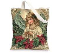 Vintage Christmas Angel Canvas Tote Bag for Shopping 13x15, Retro Xmas Poinsettia Reusable Grocery Print Bag for Women, Holiday New Year Beach Aesthetic Painting Gift Decor