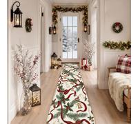 Vintage Christmas Bells and Ribbon Bells Runner Rug 2x8 | Pine Branches, Entryway Runner Rug, Flowing Ribbons, Holly Berries, Traditional Winter Aesthetic, Entryway Accents Piece
