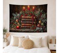 Vintage Christmas Book Stack Tapestry 60x40 Inch | Evergreen Branches, Tapestry Wall Hanging, Red Berries, Antique Candles, Ornamental Baubles, Library Aesthetic