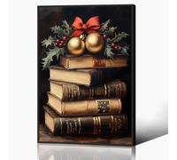 Vintage Christmas Canvas Wall Art, Framed Rustic Books Art Still Life Pictures for Wall, Merry Christmas Poster Winter Print, Xmas Dark Academia Decor Wall Decorations Gifts 16x24in