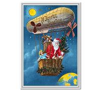 Vintage Christmas Card - Rare Old Fashioned 1900s - Airship Santa theme - Victorian Era Edwardian style - Traditional Merry Xmas Wishes Greeting Design - Blank inside to write own message