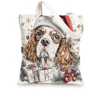 Vintage Christmas Cavalier King Charles Spaniel Dog Canvas Tote Bag for Shopping 13 * 15, Xmas Puppy Reusable Grocery Bag for Women, Happy Aesthetic Painting Gift Decoration