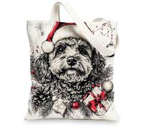 Vintage Christmas Cockapoo Dog Canvas Tote Bag for Shopping 13 * 15, Xmas Puppy Pet Reusable Grocery Bag for Women, New Year Holiday Aesthetic Pattern Gift Decor