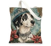 Vintage Christmas Dalmatian Dog Canvas Tote Bag for Shopping 13x15, Retro Xmas Puppy Reusable Grocery Print Pattern Bag for Women, Pet Beach Aesthetic Painting Gift Decor
