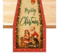 Vintage Christmas Decor Table Runner, Christmas Santa Claus and Little Girl Table Decor, Retro Winter Red and White Decor Vintage Kitchen Dining Table Runner Decor, Xmas Table Runners for Party