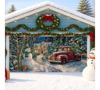 Vintage Christmas Garage Door Cover, Red Truck and Snow Man Large Garage Door Decorations, Winter Indoor and Outdoor Holiday Party Background Decor 157x71 Inch