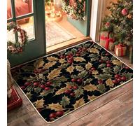 Vintage Christmas Holly Front Black Door Mat Outside Inside Entrance 29 * 17, Seamless Xmas Retro Plant Leaf Outdoor Non Slip Doormat, Small Holiday Print Patio Garage Shoes Off Door Rug
