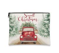 Vintage Christmas Makeup Bag, Rustic Red Truck Cosmetic Travel Pouch for Women, Portable Canvas Zipper Organizer, Holiday Skincare Toiletry Bag, Red, 7x9 Inch, Christmas