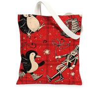 Vintage Christmas Penguin Canvas Tote Bags, Retro Holiday Design Reusable Grocery Bags, Lightweight Washable Shoulder Strap, Red, 13x15 Inch