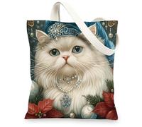 Vintage Christmas Persian Cat Canvas Tote Bag for Shopping 13x15, Retro Xmas Animal Reusable Grocery Print Pattern Bag for Women, Pet Aesthetic Painting Gift Decor