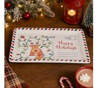 Vintage Christmas Postcard Platter, Vintage Christmas Platter, Santa Reindeer Tree Decor, Durable Plastic, Multi-Use Serving Tray for Desserts, Cookies & Holiday Treats (C)