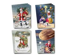 Vintage Christmas Postcards - A6 Bulk Pack of 12 Post Cards - Set of 4 Designs - Victorian Style Old Fashioned Classic Greeting - Unique Art - Traditional Past - Cool School Retro Cute - Made in UK