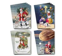 Vintage Christmas Postcards - A6 Bulk Pack of 16 Post Cards - Set of 4 Designs - Victorian Style Old Fashioned Classic Greeting - Unique Art - Traditional Past - Cool School Retro Cute - Made in UK