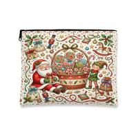Vintage Christmas Santa And Candy Theme Claus Makeup Bag 7x9 Inch | Vintage Style Illustration, Makeup Zipper Pouch, Nutcracker Motifs, Rocking Horse Accents, Holly Leaves, Candy Cane Patterns