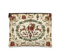 Vintage Christmas Santa Reindeer Nutcracker Print Claus Makeup Bag 7x9 Inch | Vintage Illustration, Makeup Zipper Pouch, Reindeer Pattern, Nutcracker Soldier, Rocking Horse, Festive Holly Wreath