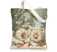 Vintage Christmas Scallop Canvas Tote Bag for Shopping 13x15, Retro Beach Xmas Sealife Reusable Grocery Print Pattern Bag for Women, Holiday Beachy Beach Aesthetic Painting Gift Decor