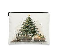 Vintage Christmas Train Tree Makeup Bag 7x9 Inch | Watercolor Train Illustration, Makeup Zipper Pouch, Vintage Locomotive Art, Seasonal Home Storage, Winter Holiday Aesthetic