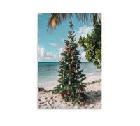 Vintage Christmas Tree Canvas Wall Art, Rustic Ocean Tropical Plants Painting on Textured Canvas Prints Picture Poster for Living Room Bedroom Home Wall Decoration Artwork Unframe 20x30inch(50x75cm)