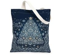 Vintage Christmas Tree Illustration Canvas Tote Bag 13x15 Inch | Ornate Scrollwork, Intricate Floral Motifs, Classic Hanging Ornaments, Elegant Winter Theme