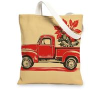 Vintage Christmas Truck Canvas Tote Bag for Shopping 13 * 15, Rustic Xmas Poinsettia Reusable Grocery Shoulder Cloth Bag for Women, Country Painting Gift Decoration