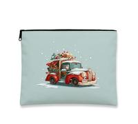 Vintage Christmas Truck Makeup Bag, Red Pickup Holiday Cosmetic Travel Pouch for Women, Portable Small Canvas Zipper Organizer, Winter Skincare Toiletry Bag, Red, 7x9 Inch, Truck