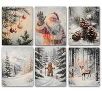 Vintage Christmas Wall Art Prints - Set of 6 Holiday Posters with Santa Claus, Reindeer, Gingerbread, Rustic Winter Wall Decorations for Living Room, Bedroom & Fireplace Mantel (8x10 Inch, Unframed)