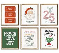 Vintage Christmas Wall Art Prints - Set of 6 Retro Festive Posters with Santa, North Pole Tickets & Holiday Quotes, Red and Green Christmas Decorations for Living Room, Kitchen - 8×10 Inch Unframed