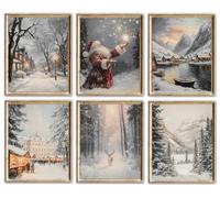 Vintage Christmas Wall Art Prints - Winter Holiday Posters with Santa, Snowy Village, Reindeer & Forest Scene, Rustic Festive Decorations for Living Room, Bedroom, Fireplace & Hallway( 8x10 Unframed)